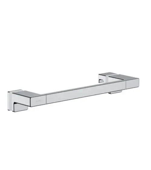 Chromfarbener Duschtürgriff von Hansgrohe mit rechteckigem Design, montiert an zwei quadratischen Halterungen.